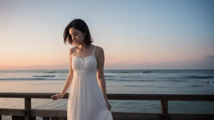 
a woman on the pier looking at the sea at dawn wearing a simple long dress