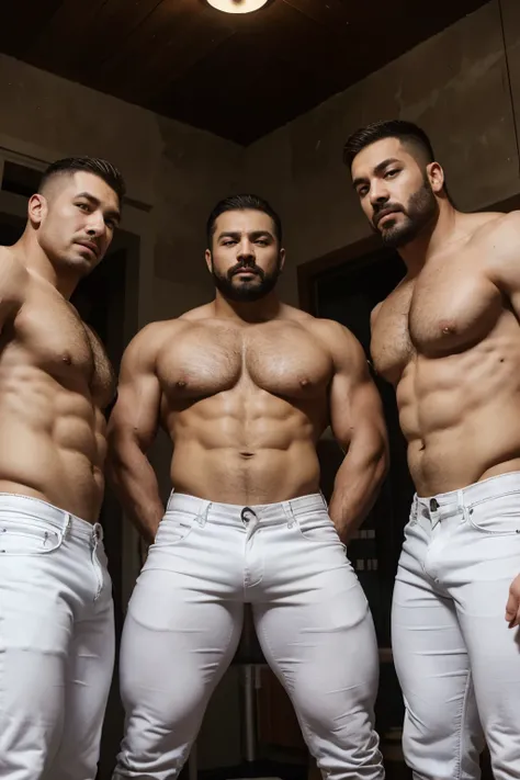 Photograph of three men stuck in a row, uno detras del otro, with heavyweight bodybuilder cinematic light 75kg full muscle, Bigote grueso y trozo chino barbudo, hombres muy guapo. perfect body ratio,, hipermusculoso nalgon, realista,  white jeans, 