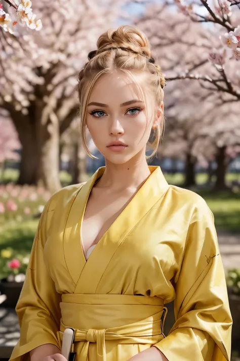 ((AlexiaThompson01R face)). beautiful. perfect, ((blonde hair, hair in a bun, hair falling over one eye, emo bangs)), (blue eyes. Vibrant Blue Eye). perfect skin, white skin. thin nose, thin chin. ((samurai, kimono, yellow kimono) (location: garden, shogun...