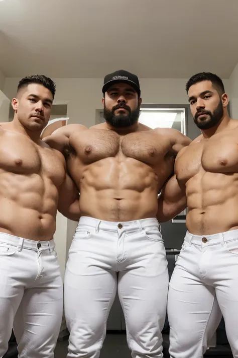 Photograph of three men stuck in a row, uno detras del otro, with heavyweight bodybuilder cinematic light 75kg full muscle, Bigote grueso y trozo chino barbudo, hombres muy guapo. perfect body ratio,, hipermusculoso nalgon, realista,  white jeans, 