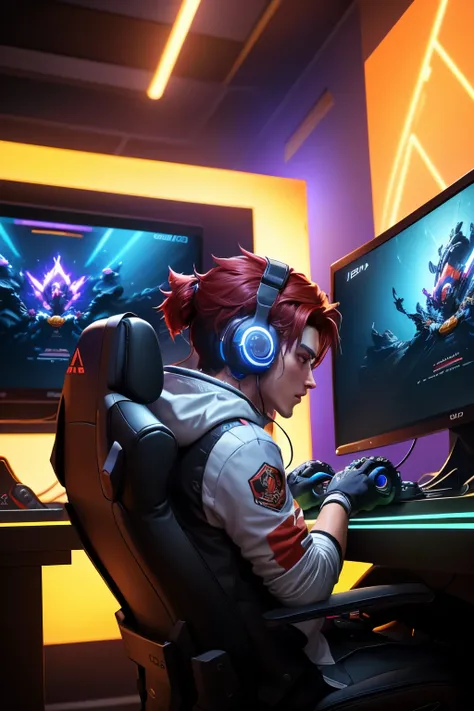 Design a dynamic gaming wallpaper featuring a passionate gamer immersed in their gaming setup, surrounded by monitors, controllers, and gaming peripherals, with vibrant neon lights illuminating the scene. Capture the intensity and excitement of gaming as t...