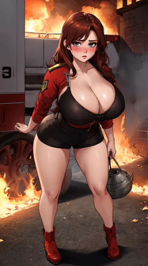 woman, ((Masterpiece, best quality)), full body view, firefighter, burning building,  bursting huge breasts, detailed skin, Anna from Frozen as a firefighter, red firefighter clothes, highly detailed, cinematic lighting, ultra realistic, blush, looking at ...