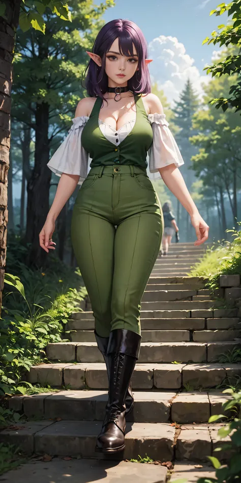 masterpiece, best quality, purplehair, pointy ears, female dwarf, collar, off-shoulder shirt, cleavage, green vest, green pants, large breasts, walking, stairs, forest, night sky, boots