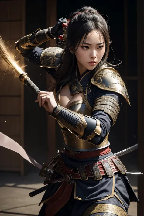 8K,Woman on the Battlefield,Japanese samurai armor,Super beautiful(like the real thing),perfect face,Perfect hand shape,Charm,Volume measurement,Body balance,超High resolution,super realistic skin,Digital single-lens reflex camera, soft lighting, high quali...