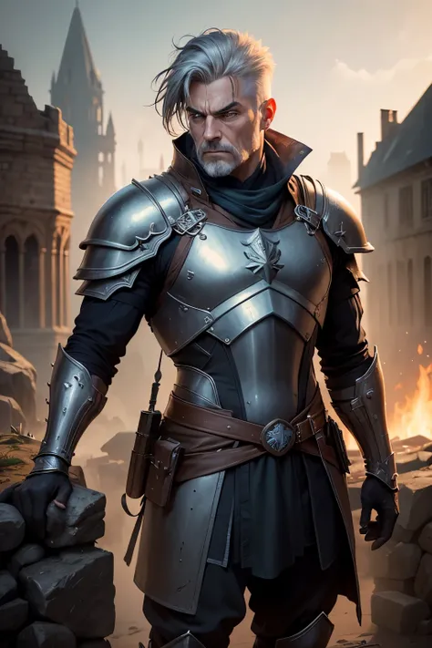 ((Best quality)), ((masterpiece)), ((realistic cartoon)), ((perfect character)):Dynamic pose,grey spiky hair, Eye patch,Senior Soldier,Male,heavy Armor plate, scared face. The scene is set in a thematically rich environment, castle in ruin, battlefield. Th...