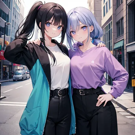 Tall, slender-bodied woman with dark cyan hair tied in a low ponytail, medium-length hair. Eyes with each end tilted downwards, lavender color with large black pupils. She wears a long-sleeved pink shirt that covers up to her stomach and dark blue pants th...