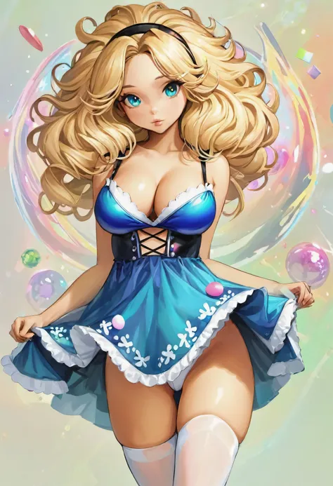 a beautiful 20 year old blonde woman with big messy hair in a blue dress, white stockings, black headband, cleavage, fantasy art style, rossdraws cartoon vibrant, alice x. zhang, alice in wonderland cyberpunk, cute detailed digital art, colorfull digital f...