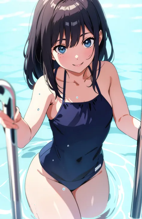 anime girl in swimsuit standing in a swimming pool, is wearing a roupa de banho, estilo de arte anime moe, roupa de banho, arte de anime limpa e detalhada, wet roupa de banho, roupa de banho, ao lado de uma piscina, realistic bikini, em uma piscina, in the...