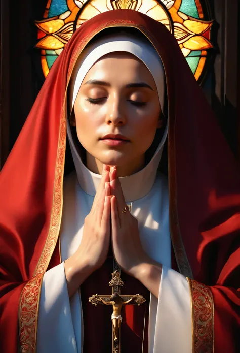 (best quality,4k,highres,masterpiece:1.2),ultra-detailed,studio lighting,realistic:1.37,nun tied to a cross,candlelit backdrop,exquisite face,holy attire,crimson robe,emotional expression,religious symbol,decorative candles,spiritual atmosphere,soft shadow...