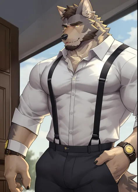 william adler, solo, shirt, 1boy, white shirt, upper body, male focus, collared shirt, pants, looking to the side, suspenders, pectorals, sleeves rolled up, watch, wristwatch, wolf ears, beard, yellow eyes, detailed eyes, shirt opened, abs, muscular, big c...