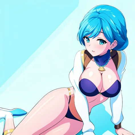 (masterpiece, best quality:1.2), 1girl, solo, tied-up hair, blue hair, aquamarine eyes, large breasts, jewelry, swept bangs, sea...