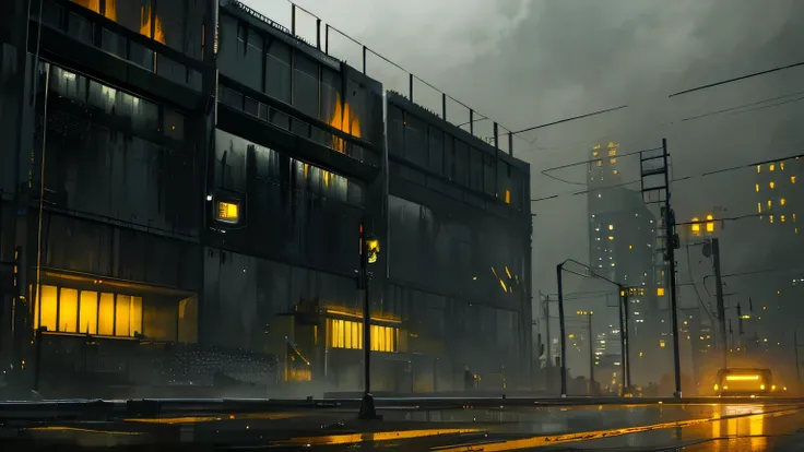 Dark industrial landscapes in pale green and gray steel lights, dark cyberpunk, weak yellow and orange window lights, wet concrete, cold night, dark sky, gloomy sky, (((black sky))), highly detailed art, many details, masterpiece