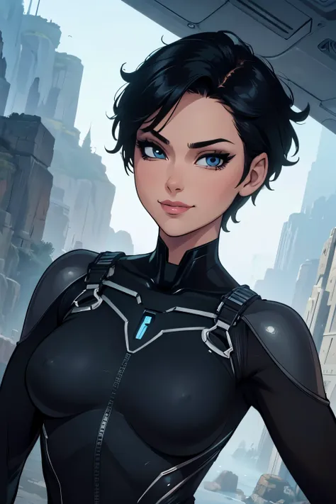 (art, Best quality, absurd, 4K, aesthetics,detailed face, perfect eyes, perfect face, detailed, complex, Perfect lighting) 1 girl with fair skin, short shaved dark hair, wears all black futuristic bodysuit, queen of an alien race, warrior, gentle smile
