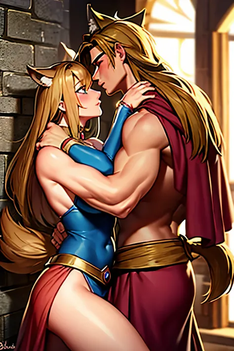 a super muscular guy with brown hair in medieval clothing kisses a beautiful blond girl with wolf ears and tails in medieval clothing blushing