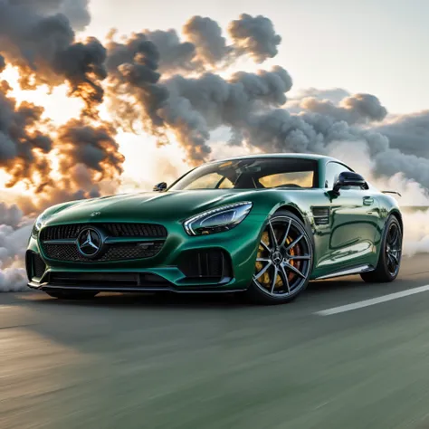 a mercedes benz-amg gt, in deep emerald green, burns rubber on an open highway, leaving behind a plume of white smoke as it drif...