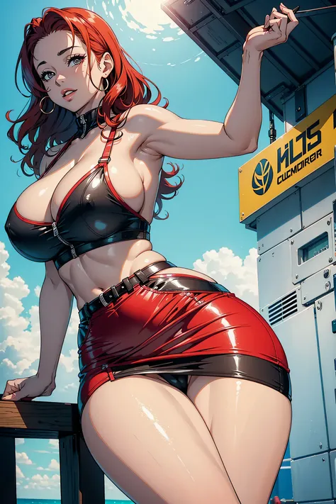 best quality, mulher solo, Bonito, pele castanha clara, very curvy, massive breasts, Bunda enorme, sorriso sedutor, medium length curly beautiful red hair, olhos castanhos, uniforme do escolar, short pencil skirt, full lips, sedutor, maduro