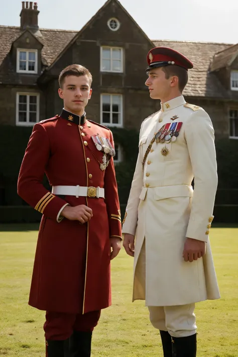 Two young British soldiers, aged 18 years each, proudly stand in the foreground dressed in their red uniforms of the 17th century. The manor house, a grand structure of old-world charm, casts a long, dramatic shadow behind them. The sun begins to set, cast...