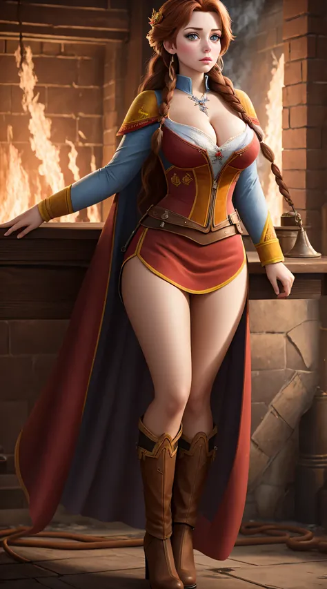 woman, ((Masterpiece, best quality)), full body view, firefighter, burning building,  bursting huge breasts, detailed skin, Anna from Frozen as a firefighter, red firefighter clothes, highly detailed, cinematic lighting, ultra realistic, blush, looking at ...