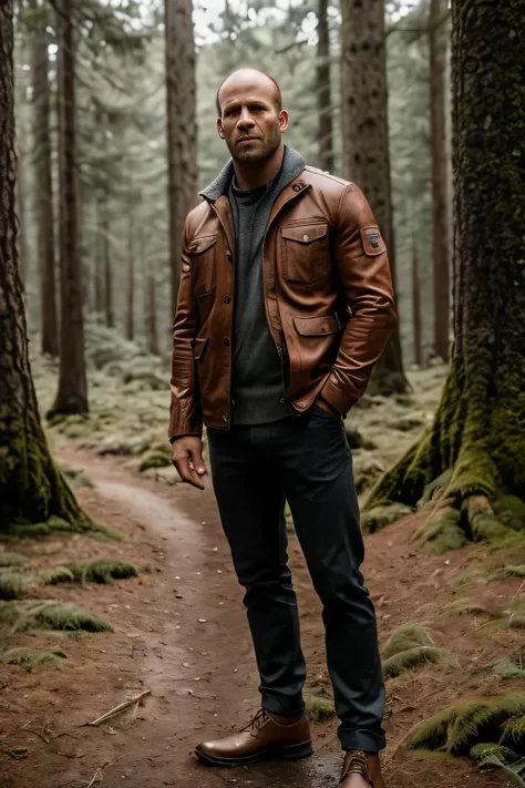 RAW photo, a portrait photo of jason statham, traveler clothes, standing in the forest, natural skin, 8k uhd, high quality, film grain, Fujifilm XT3