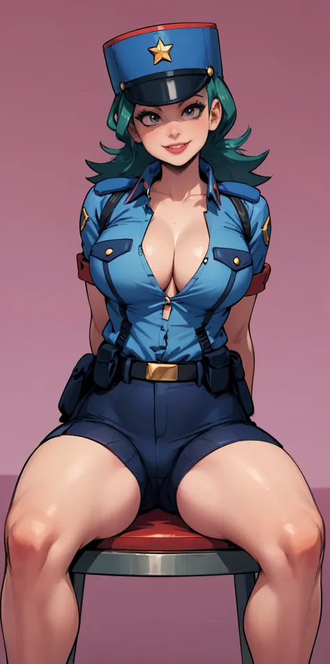 jenny-pokemon, goregous police woman, sitting, perfect legs, ((arms behind back)), unbutton shirt, busty, colossal cleavage, lip...