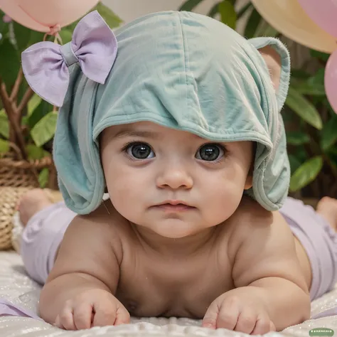 "Crie uma imagem digital de um elefantinho baby, with soft features and sweet expression, in soft shades of green and lilac, perfect for a baby shower invitation."