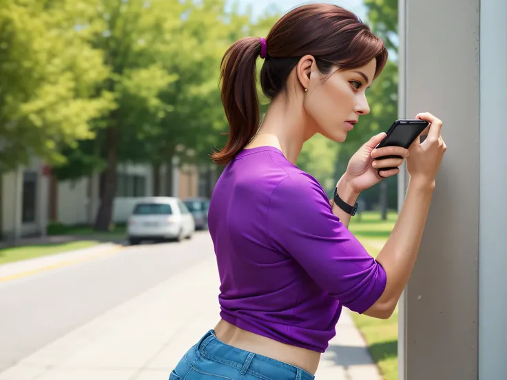 there is a woman in a purple blouse and gray shorts, looking at her cell phone, woman with perfect body, 35 year old woman, fit photo, side pose, profile pose, checking her phone, realistic photo, half body cut, photo from full body profile camera, checkin...