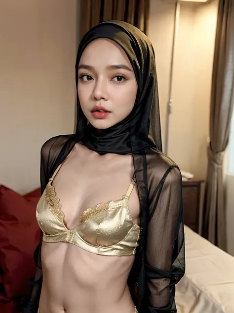 Very Thin body (Wearing Bra Lingerie), (((HIJAB MALAY GIRL))), masutepiece, High quality, UHD 32K, Realistic face, Realistic skin feeling , A Malay Lady, 8 years old, , Very cute and baby-like face, (((FLAT CHEST))), (MATRIX WORLD), ((look In front  at the...