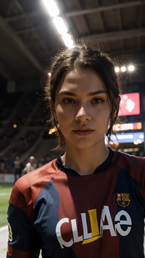 spiderman se encuentra de noche en el camp nou (cancha del fc barcelona). lleva puesta el traje de spiderman y sobre el la camiseta del fc barcelona 2024, con el escudo bien visible. en la imagen se lo ve de cuerpo completo, haciendo una pose fotografica a...