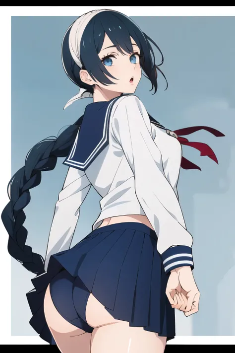 1girl, AmanaiRiko, solo, school_uniform, sailor_collar, serafuku, letterboxed, braid, blue_sailor_collar, looking_at_viewer, long_hair, open_mouth, parted_lips, bangs, :o, shirt, Taisho era, rear view, shows ass, butt 