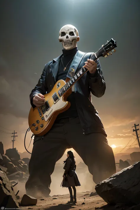 ((mejor calidad)), ((obra maestra)), ((realista)), (detallado), (hombre con calavera en lugar de cabeza.:1.3), ((playing gibson ...