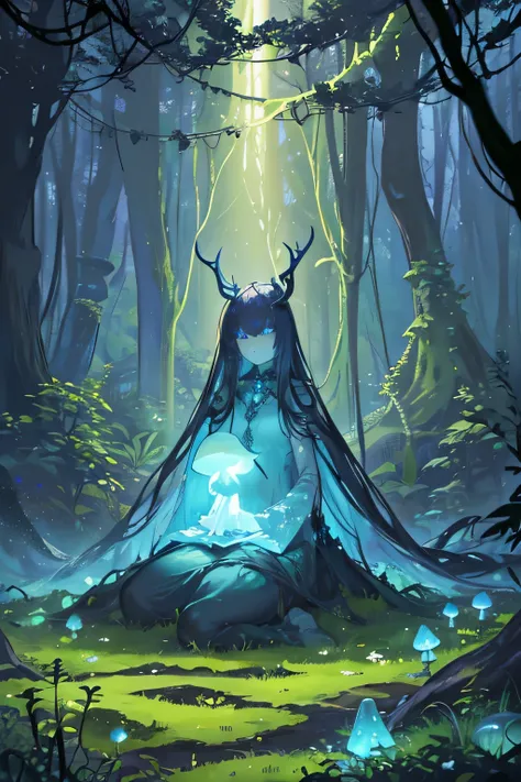 (Mystical forest:1.4), ((Enchanted grove with towering ancient trees)and(Glowing mushrooms carpet the forest floor) and (Trickling streams weave through the foliage)), ethereal, mesmerizing and captivating, moonlit night background, softly illuminated fire...