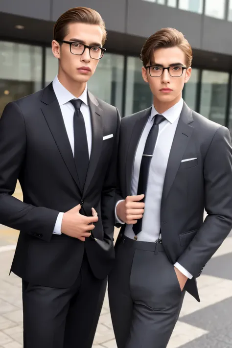 (Masterpiece, best quality), Two sharp-dressed businessmen, slim fit suits, polished shoes, crisp white collars, neatly combed hair, (glasses: 1.2), serious expressions, hands folded in front, (tie pins: 1.4), (suspenders: 1.3), attached briefcases, (pocke...