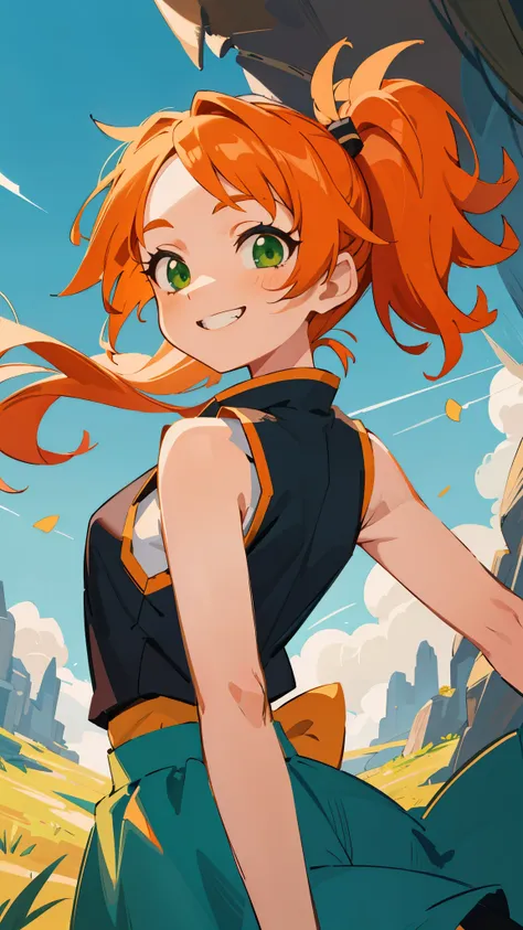 masterpiece、highest quality、1 girl、anime painting、orange hair、beautiful green eyes、side ponytail、sleeveless shirt、black skirt、upper body close-up、From the side、grin、cinematic lighting、cave、sharp outline