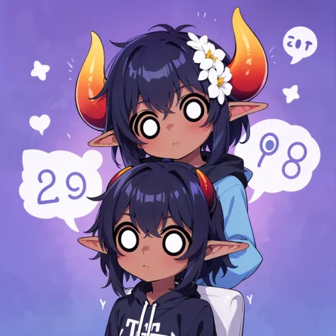 (1boy,8 years old.small),solo,((dark skin)),casual outfit,black hair,elf ears,(horns),(iwhite background),emoticon packages,(chi...