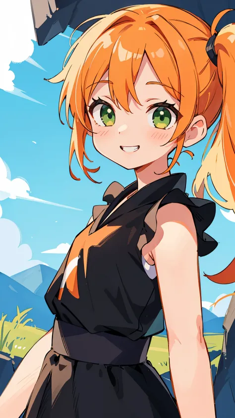 masterpiece、highest quality、1 girl、anime painting、orange hair、beautiful green eyes、side ponytail、sleeveless shirt、black skirt、upper body close-up、From the side、grin、cinematic lighting、cave、sharp outline