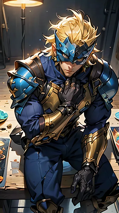 A man with short golden hair slicked back, his face entirely obscured by a Dynastinae concept mask, full mask, cold gaze, clad in an indigo blue fantasy-style Dynastinae concept chest plate, his arms and legs are clad in matching armor, he wears a white un...