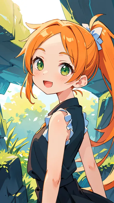 masterpiece、highest quality、1 girl、anime painting、orange hair、beautiful green eyes、side ponytail、sleeveless shirt、black skirt、upper body close-up、From the side、Open Mouth Smile、cinematic lighting、cave、sharp outline