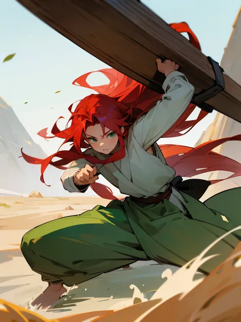 A boy with slightly long red hair, green eyes, dressed in Viking-era training clothes.