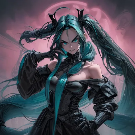 (best quality, ultra-detailed, 1 girl, evil, villain, (very long hair:1.8), long twin tails, teal-striped black hair, teal eyes, medium breasts, evil grin, off-shoulder coat, V-shaped eyebrows, futuristic, apocalypse, destruction, energy, skeleton armor, a...