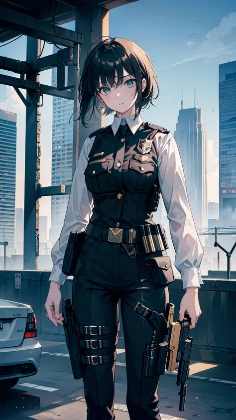 ((masterpiece)), ((best quality)), ((highres)), 1 girl, solo, police officer, standing with a determined expression and a hand holding a detailed Glock 22 pistol, aiming at an unseen threat. The city backdrop reflects the urban environment, with tall build...