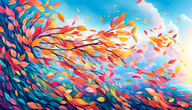 A visually stunning anime-style illustration of colorful leaves swirling in a spiral, carried by a gentle breeze. The leaves are in vibrant hues of pink and blue, symbolizing the harmony of life and well-being. The background showcases a serene natural lan...