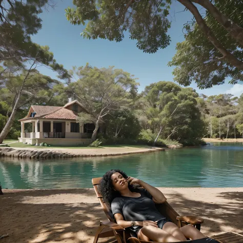 Uma casa de campo com um pequeno lago, Trees around, and a woman with black curly hair sitting in a reclining chair while drinking coffee, realismo. 