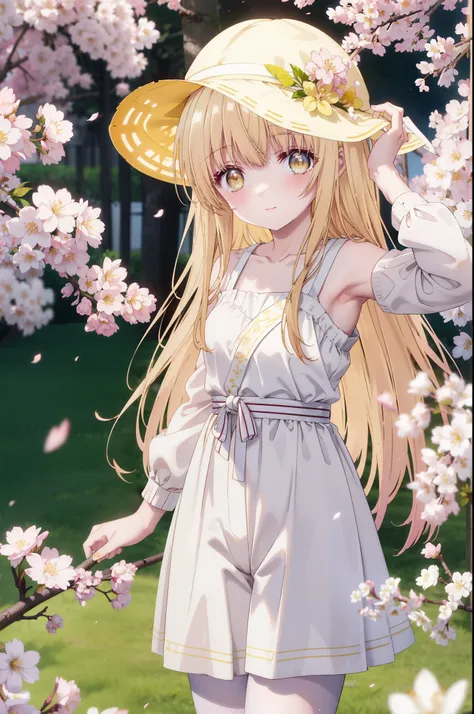 mahirushiina, Mahiru Shiina, long hair, bangs, blonde hair, brown hair, (yellow eyes:1.3), smile,blush,
baseball cap,oversized yellow jacket,The front is open,bare shoulders,pink tank top shirt,shorts,black pantyhose,Mini Boots,The cherry blossoms have blo...