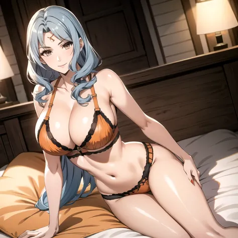 Beautiful 25 year old woman long loose light blue hair, cabello suelto, piel clara., a jewel on his forehead pale skin, sonrisa feliz coca abierta, pechos medianos, sexy orange bra and panties, fondo una cama, manos perfectas. orange lingerie.. una sola mu...