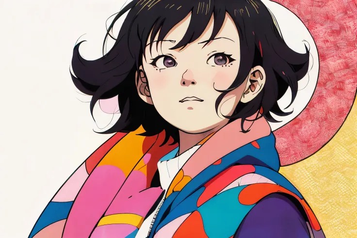 (Chiaki), Professional close-up photo of young woman wrapped in colorful warm quilt, cel shading, bold outline, flat color, sharp shadow, graphic style, (Manga influence:1.3), beautiful line drawing, impressive visuals,comics