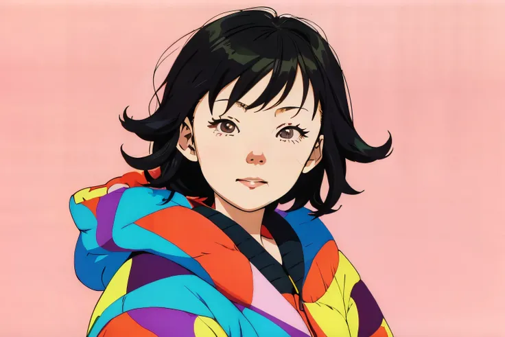 (Chiaki), Professional close-up photo of young woman wrapped in colorful warm quilt, cel shading, bold outline, flat color, sharp shadow, graphic style, (Manga influence:1.3), beautiful line drawing, impressive visuals,comics