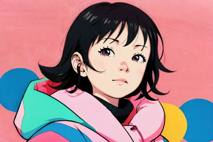 (Chiaki), Professional close-up photo of young woman wrapped in colorful warm quilt, cel shading, bold outline, flat color, sharp shadow, graphic style, (Manga influence:1.3), beautiful line drawing, impressive visuals,comics