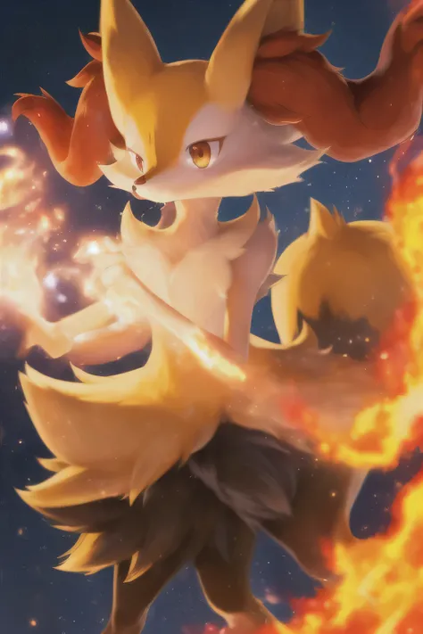 1girl, masterpiece, best quality, braixen, pokemon, yellow fox,  detailed, short muzzle, fluff ears, big tail, [red eyes], detailed eyes, fire background, dynamic pose, fox ears, fox tail, yellow black skirt
