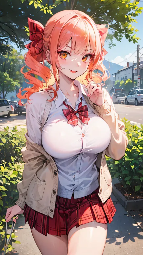 (masterpiece:1.2, top-quality), (realistic, photorealistic:1.4), beautiful illustration, looking at viewer, front view:0.6, 1 girl, high school girl, bangs, yorigami joon, double drill hairs, orange hair, orange eyes, large breasts:0.8, (thick thighs), bea...