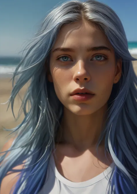 arafed woman with blue hair and a white top on a beach, soft portrait shot 8 k, highly detailed vfx portrait, highly realistic digital art, cinematic realistic portrait, highly detailed vfx portrait of, ultra-realistic digital art, realistic digital art 4k...